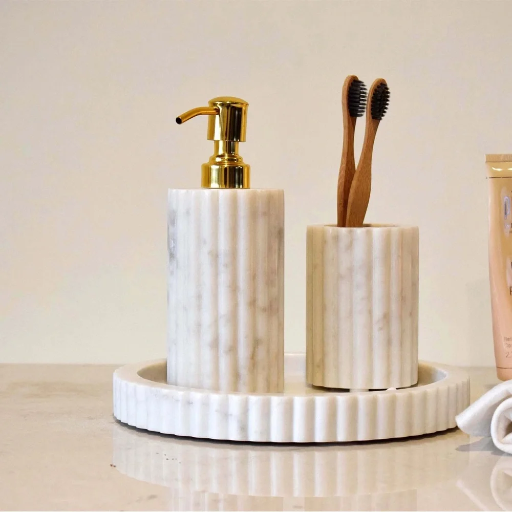 Ribbed Fluted Handcrafted Marble ~ toothbrush holder 4”x2.5”
